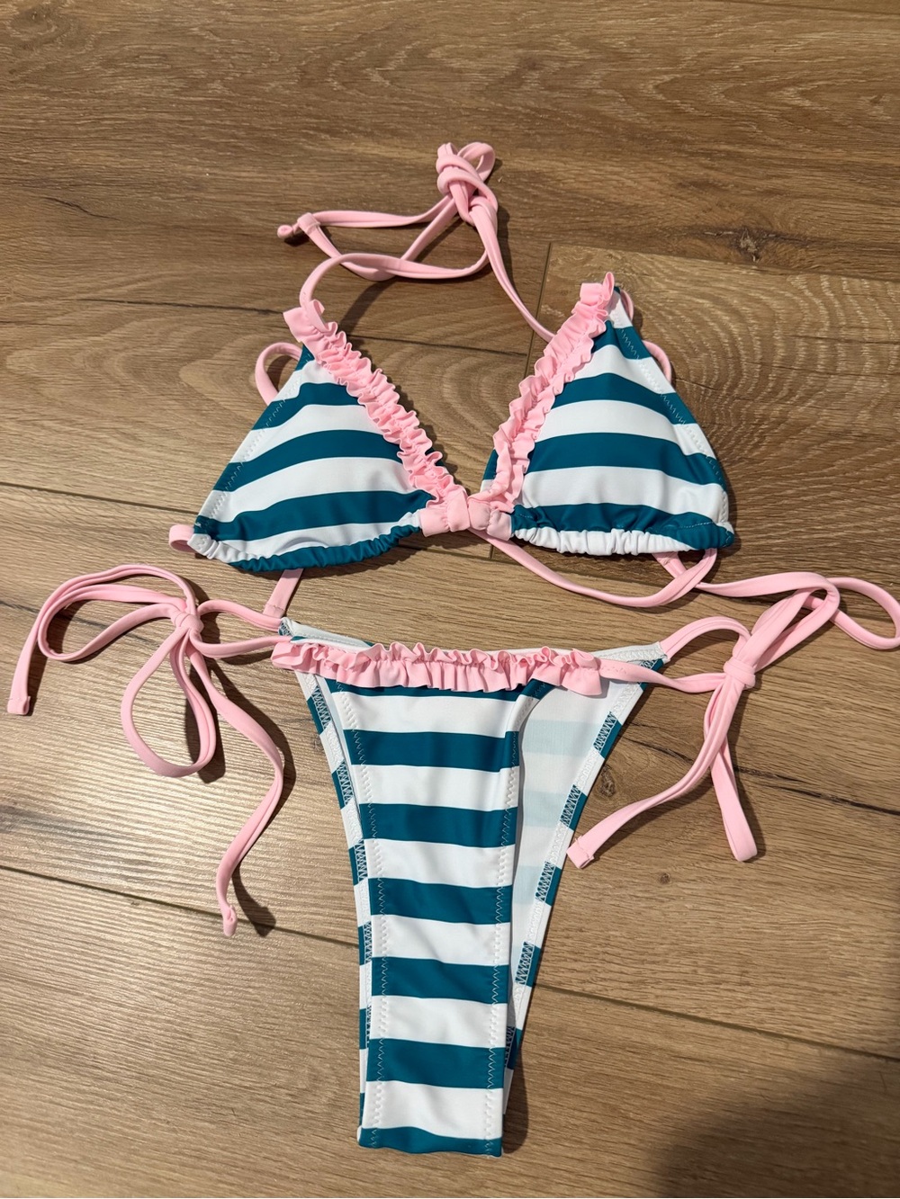 SHEIN Green & White Striped Bikini with Pink Trim